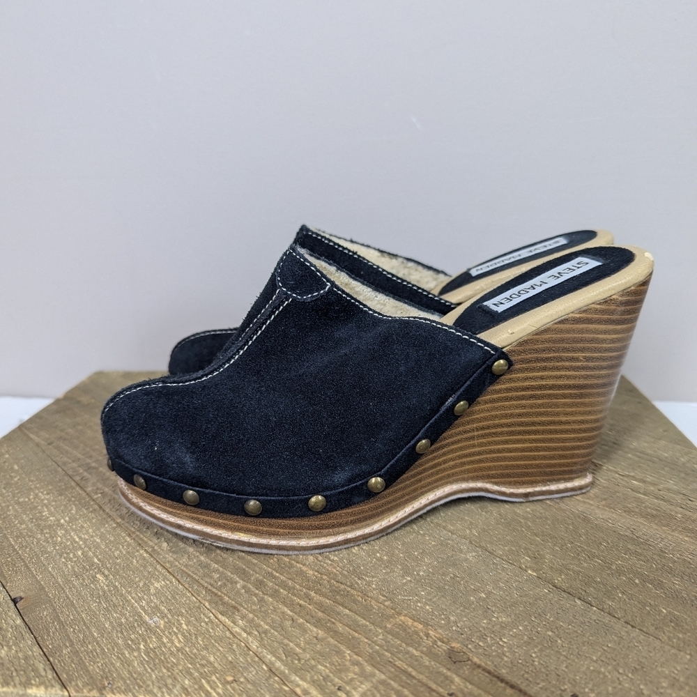 Steve Madden Suede Shearling Clogs Size 7.5 Black Leather Studded Wedge Platform